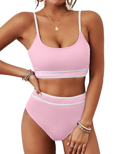BMJL Women's High Waisted Bikini Ribbed Two Piece Swimsuit High Cut Color Block Adjustable Straps Bathing Suit