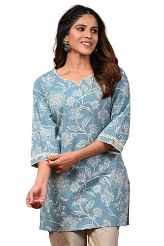 Image of Rimeline Women's Floral Printed Cotton Kurti Top | Round Notch Neck 3 /4 Sleeve Straight Fit Casual Tunic
