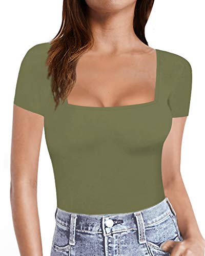 Image of MANGOPOP Womens Short Sleeve Square Neck T Shirts Tops Fitted Tees(Army Green, Medium), Green, Medium