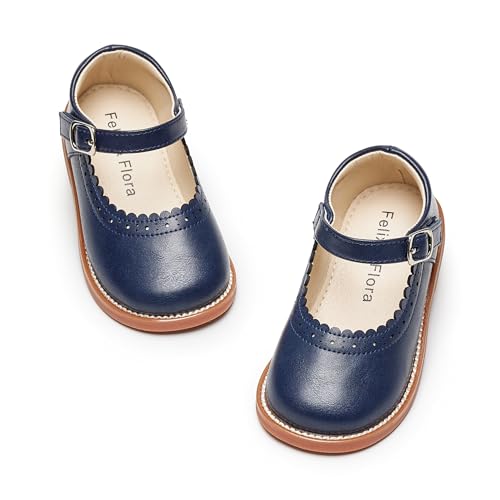 Felix & Flora Toddler Little Girl Navy Blue Mary Jane Dress Shoes Size 5 - Flower Girl Ballet Flats for Party School Wedding