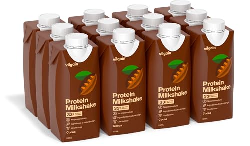Vilgain Protein Milkshake, 33g Eiweiß pro Portion, Laktosearm, Fertiger Milchproteinshake, Hochwertige Zutaten, Ohne Künstliche Zusätze, Mit Stevia Gesüßt (12x330ml, Kakao)