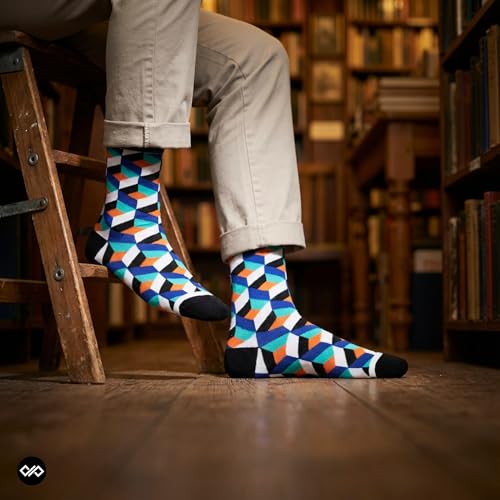 DYNAMOCKS Men's and Women's Combed Cotton Crew Length Socks (Pack of 4) (Pizzazz + Cube + Sprinkles + Prism, Multicolour, Free Size)