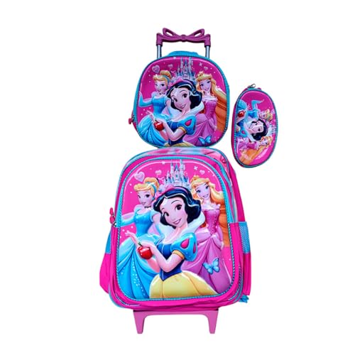 Kit Mochila Infantil Princesas em 3D com Rodinhas + Lancheira Térmica + Estojo Escolar Infantil