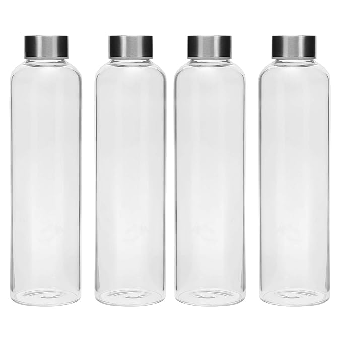 Image of SIMPARTE Borosilicate GlassWater Bottles 500ml | Leak-Proof, Freezer Safe, Wide Mouth | Stainless Steel Cap | Great for School, Gym, Office Use | Set of 4