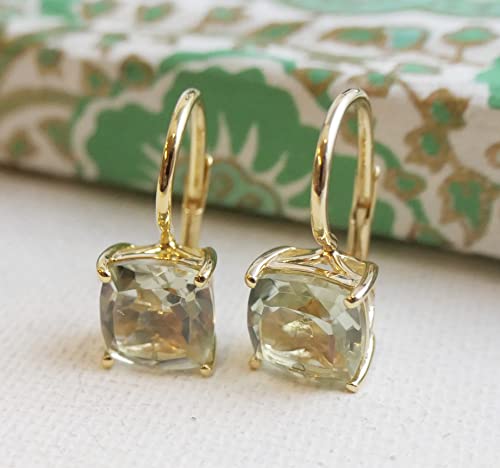 Cushion Green Amethyst Gold Plated Sterling Silver Leverback Drop Earrings - Handmade Gemstone Jewelry Gift Ideas For Women (Yellow-Gold-Plated-Silver) #TOP2