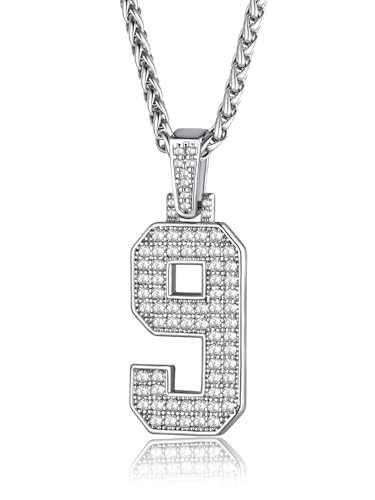 KeyStyle Baseball Number 9 Necklace For Men, Cubic Zirconia Bling CZ Number Chains Sport Lovers Jewelry