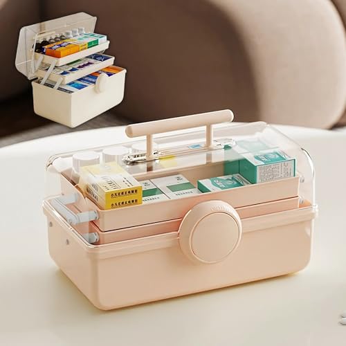 Image of HoopVool Clear Plastic Medicine Storage Box Organizer, Family Emergency Kit Portable Lockable Container for, Art Craft and Cosmetic Household Organizer (Pink, First Aid Box)