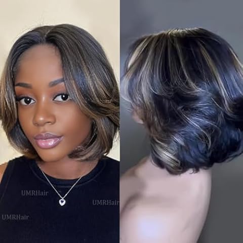 Highlight Black Blonde Short Cut Layered Bob Human Hair 13X6 Deep Part Lace Front Wig for Women Glueless Human Hair Face Frame Short Bob Wigs with Baby Hair 1b/27 8inch 130Density Cover