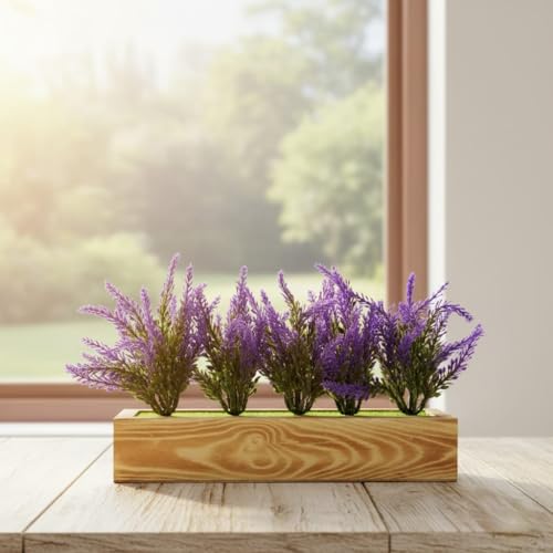 Image of Dekorly Artificial Lavender Plant in White Pot, 18cm - Realistic Faux Flower Arrangement for Home & Office Decor (Set of 1) (1, Wooden Pot)