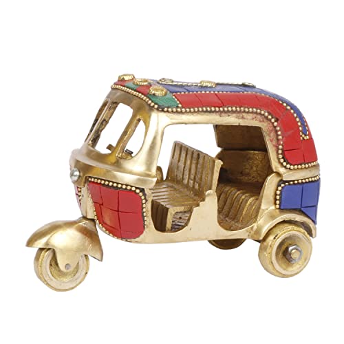 Kartique Brass Auto Rickshaw Indian Collection Handicraft Items Home Decor Showpiece Gift Stone Studd Tuk Tuk Vehicle (Blue)