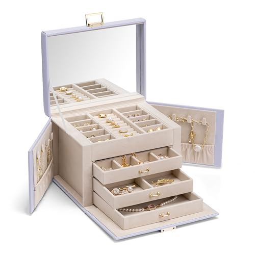 Vlando Jewelry Box 4-Tier,Jewelry Boxes & Organizers with Handle,3 Drawers Travel Jewelry Case with Mirror,Jewelry Storage,Earrings Necklace Rings Chr
