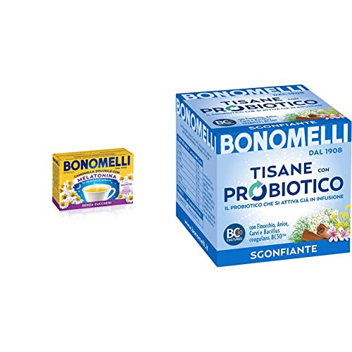 Bonomelli Camomilla Solubile con Melatonina e Magnesio 16 Bustine, Contro Stanchezza e Affaticamento & Tisana Probiotica Sgonfiante, Confezione da 10 Filtri