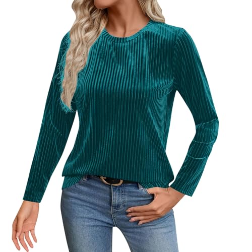 Image of Velvet Top for Women Uk - Ladies Fall Winter Round Neck Velour Blouses Elegant Ribbed Comfy Soft Evening Vacation Work Party Night Going Out Streetwear Mint Green M