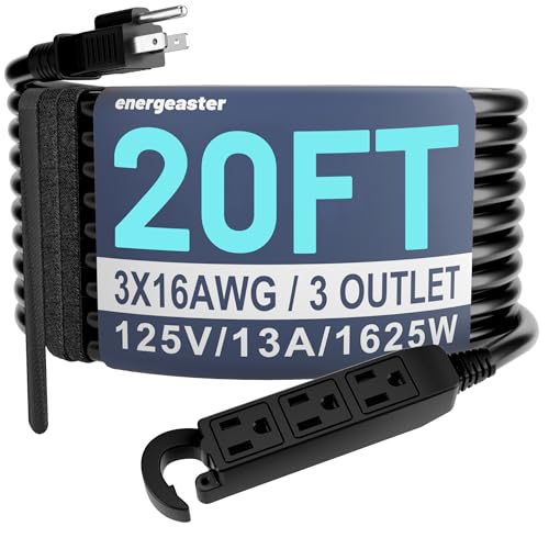 16/3 20 Ft 3 Outlet Extension Cord Outdoor Waterproof Black Extension Cords with Multiple Outlets 3 Prong Electrical Cord with Multi Outlet Outside 13A 1625W 16AWG ETL Listed