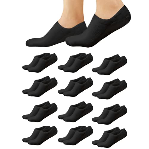 Nakloe Calcetines Invisibles para Hombre y Mujer, Calcetines Cortos Tobilleros de Verano, Negro, Pack de 12, Talla 41 46 Corto