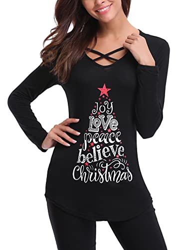 Iclosam Long Sleeve Merry Christmas Tops For Women Cute Casual Tee Shirts Cotton Blend Tunic Lightweight Holiday Shirts Black M #TOP2
