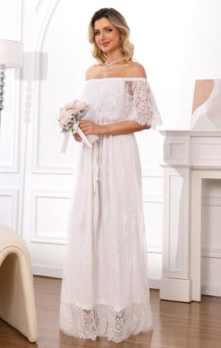 Image of HOYISHION Women's Off The Shoulder Floral Lace Maxi Dress White Bridesmaid Wedding Party Maternity Photoshoot Long Dresses