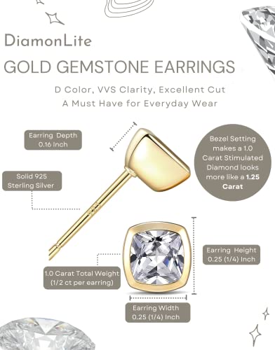 Diamonlite 1.0 Ct Cubic Zirconia Stud Earrings For Women And Men, D Color, Vvs Clarity, Excellent Cushion Cut, 14K Gold Plated 925 Sterling Silver Lab Created Simulated Diamond Earrings - Square Mens And Womens Gold Cz Studs #TOP2
