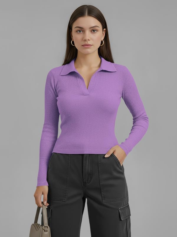Image of Dream Beauty Fashion Women's Collared Neck Long Sleeve Slim Fit Casual Tee Top for Woman