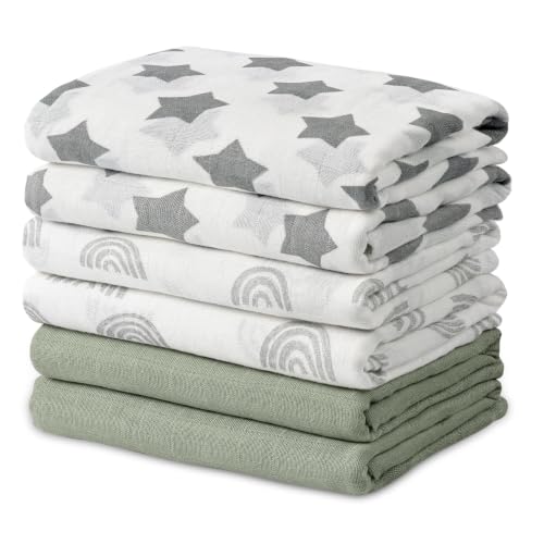 Image of GLLQUEN BABY Receiving Blankets Muslin Swaddle Blanket for Newborn Girl Boy | Cotton Squares Baby Blankets, Soft & Thin Swaddle Cloth, Breathable Absorbent Infant Swaddling Wrap - 6 Pack (Star)