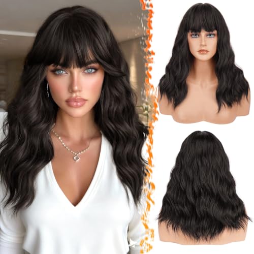 BARSDAR Dark Brown Wavy Wig with Bangs 18 Inch Natural Looking Synthetic