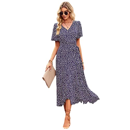 Robe d'été bleu marine à lacets et imprimé floral raffiné