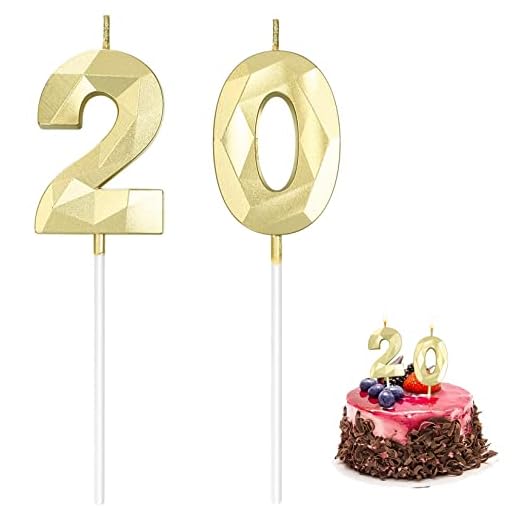Velas de Cumpleaños 20, Velas de Número de Pastel de 20 Cumpleaños, Velas de Numeros 20 de Pastel Cake Topper Decoración, 3D Doradas Velas para Fiesta Cumpleaños Boda Aniversario Celebración