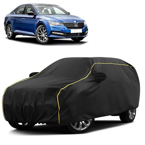 Image of Sulfar 100% Water Resistant Car Body Cover Compatible with Mirror for Skoda Superb (Triple Stitched, Full Bottom Elastic, Black Taffeta with Yellow Piping)