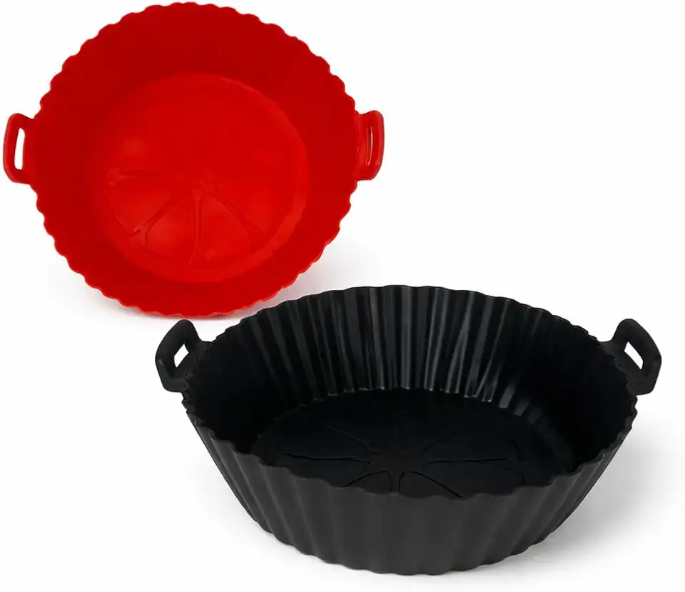 Kit 2 Formas de Silicone 16cm para Air Fryer com Alça – Cesto Antiaderente Reutilizável, Lavável e Fácil Limpeza – Compatível com Forno e Micro-ondas – Vermelho e Preto