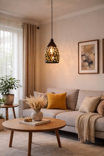 Image of Modern Black Geometric Laser Cut Design Hanging Pendant Light with Height Adjustable Decorative Ceiling Lamp for Living Room, Bedroom, Dining Area, Cafe & Home Decor (Pack of 1)