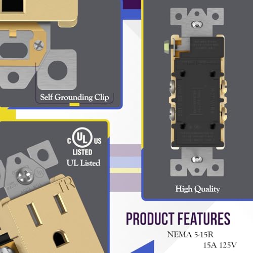 Image of ENERLITES Elite Series Decorator Receptacle Outlet Child Safe Tamper-Resistant, Gloss Finish, Self-Grounding, Residential Grade, 15A 125V, 61501-TR-GDWBP5P, Brushed Gold (5 Pack)