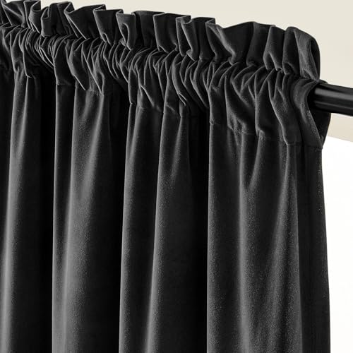 Image of Extra Long Black Velvet Curtains Rod Pocket 52x108 Inch 2 Panels | Soft Velvet, For Tall Windows & High Ceilings, Light Shifting Texture, Elegant Drape, Classic, Rod Pocket