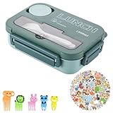 Rieoany Fiambrera Infantil Lunch Box Kids con 4 Compartimentos Antifugas, Fiambrera Termica Infantil Segura para Microondas (Verde Gris)