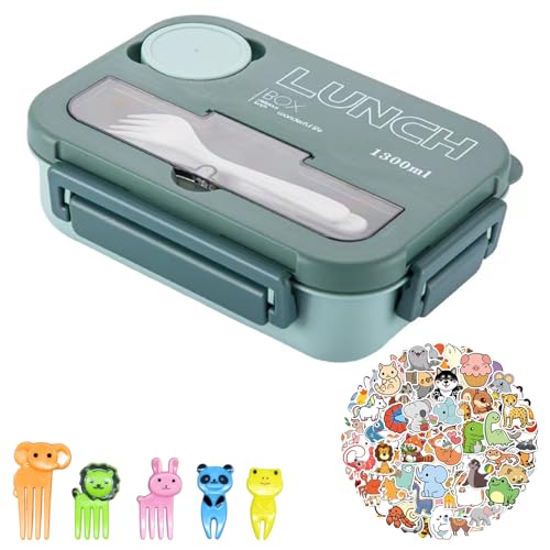 Rieoany Fiambrera Infantil Lunch Box Kids con 4 Compartimentos Antifugas, Incluye Tenedores y Pegatinas, Fiambrera Termica Infantil Segura para Microondas (Verde Gris)