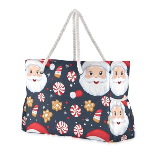 Santa Claus Beach Bag & Travel Tote Bag Large Sandproof with Zipper Closure, Wet Pouch for Swim Gym Travel, Lightweight Foldable Outdoor Bag