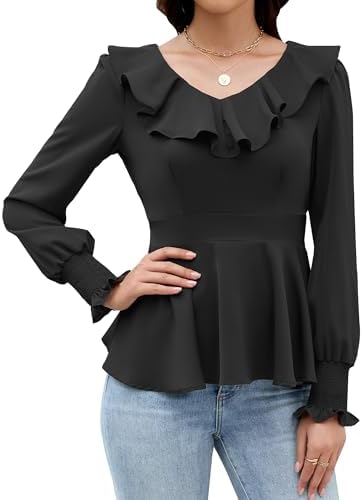 Womens Dressy Casual Blouses Long Sleeve V Neck Ruffle Tops Ladies Fall 2025 Work Shirt