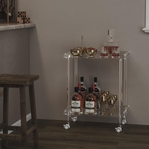 HMYHUM Acrylic Bar Cart, Rolling Serving Cart with 4 Lockable Wheels for the Home Bar, Kitchen, Living Room, Modern, 2-Tier, 23.6" L x 15" W x 30" H, Clear by HMYHUM - Image 2