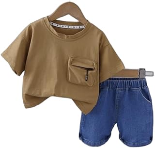 طقم خروج أولادي - مكون من قطعتين تيشيرت بجيب أمامي أنيق ومميز مع شورت جينز بجيوب جانبية وبتصميم عصري ومريح للأولاد (بني, 2 (تلبيس 1-2 ) سنة)