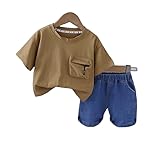 Boys Outerwear Set - 2 Piece Front Pocket T Shirt with Side Pockets Denim Shorts Fashion Comfortable Design for Boys (Brown, 2 (Dress 1-2) Years)