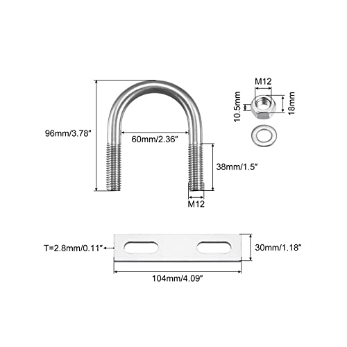 Image of uxcell Round U-Bolts, 60mm(2.36 inch) Inner Width 96mm Length M12 304 Stainless Steel U Clamp Bolt with Nuts Washers and Plates, for Boat Trailer