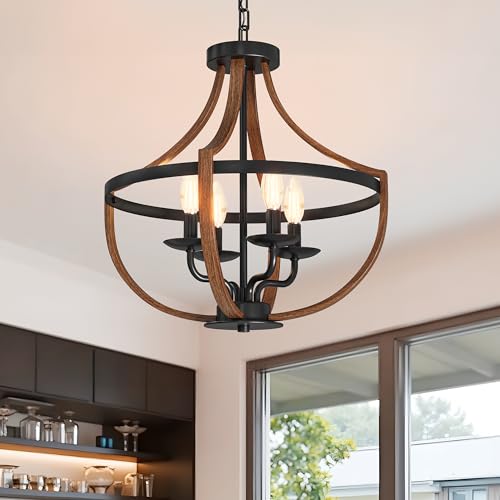 DWVO Farmhouse Chandelier, 4-Light Wood Chandelier with Adjustable Height Rustic Industrial Pendant for Dining Room, Kitchen Island, Entryway
