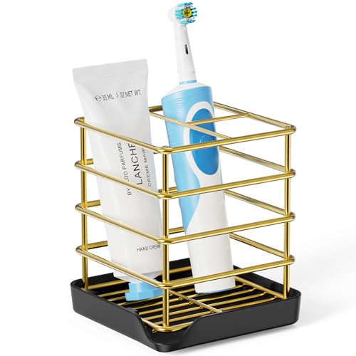 Toothbrush Holders for Bathrooms Stainless Steel Toothbrush Holder Kids Electric 3 Slots Tooth Brushing Holder Stand and Toothpaste Holder for Bathroom Accessories Organizer with Tray Gold
