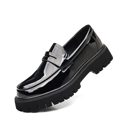 Men's Patent Leather Platform Chunky Loafers - Classic Toe Lug