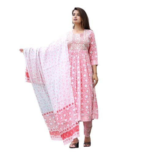 Image of Women's Stylish Rayon Nayra Cut Kurta Embroidered Work and Round Neck 3 /4 Sleeve with Pant Dupatta Set