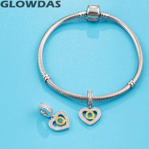 Image of GLOWDAS 18K Gold Plated Letter Charms Initial A to Z Necklace Pendant, 925 Sterling Silver CZ Heart Dangle Alphabet Beads fit European DIY Bracelet, Gifts for Valentiens /Christmas /Family