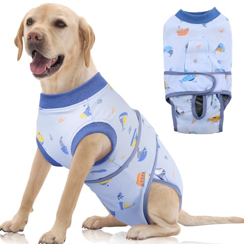 Image of FUAMEY Recovery Suit for Dogs After Surgery,Soft Breathable Dog Bodysuit E-Collar & Cone Alternative Surgical Suit,Male Female Dog Neuter Spay Suits Anti Licking Wounds Onesie Blue Boat XL