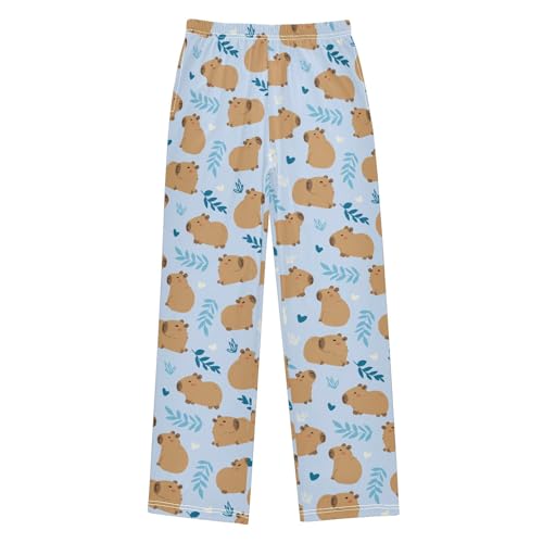 Cute Capybara Simple Flower Yellow Pattern Cute Pajama Pants, Soft Sleepwear Lounge Pants Pajama Pj Bottoms for 6-14 Years