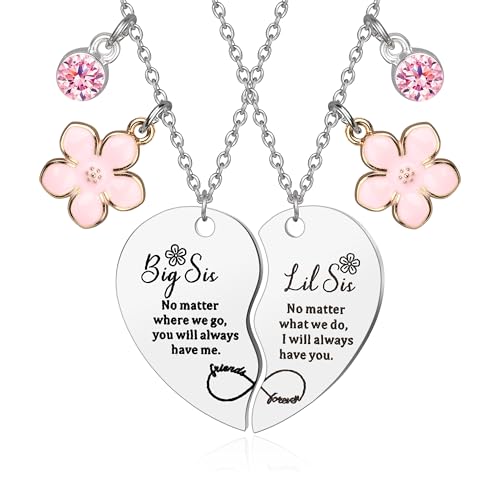 Eaprala 2 Pcs Big Sis Little Sis Heart Matching Necklace Set Gifts For Big Sister Little Sister Birthday Christmas From Sister.Stainless Steel Silver for Sister