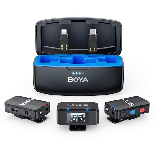 BOYA Kabelloses Lavalier-Mikrofon für iPhone, iPad, Android-Kamera mit Geräuschunterdrückung, 10 Stunden Akkulaufzeit, 200 m Reichweite, Ansteckmikrofon, kabellos, für Podcast-Interview,
