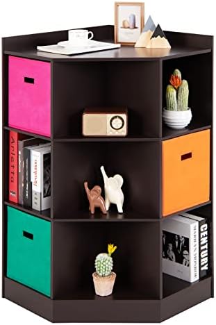 Costzon 9-Cubby Kids Bookcase with Large Storage Bins, Children’s Corner Cabinet with 6 Cubes and 3 Shelves, Wooden Toy Organizers and Storage Book Shelves for Playroom Kids Room Nursery (Espresso)